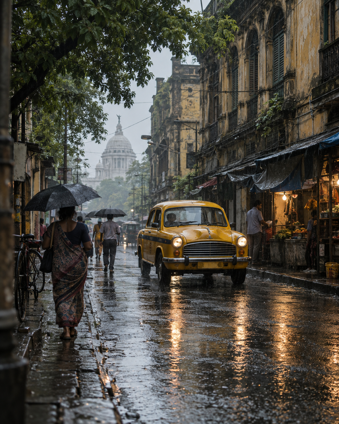 বৃষ্টিভেজা কলকাতার রাস্তায় হলুদ ট্যাক্সি ও ছাতা হাতে পথচারী