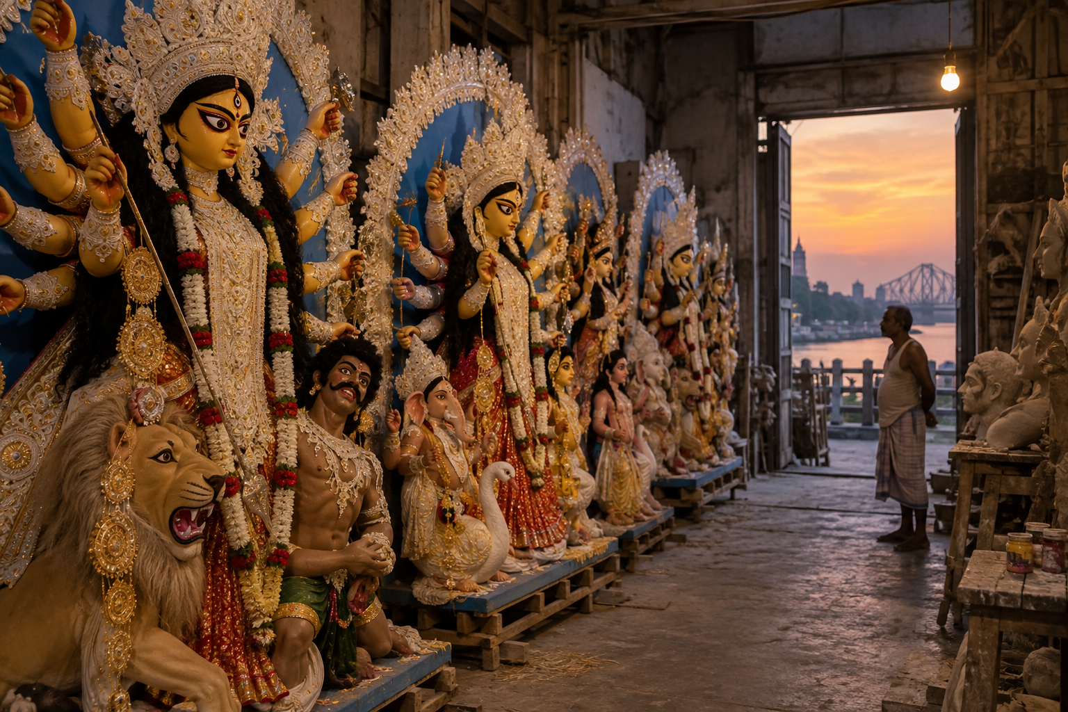 কুমোরটুলির কর্মশালায় সারিবদ্ধ সম্পূর্ণ দুর্গাপ্রতিমা