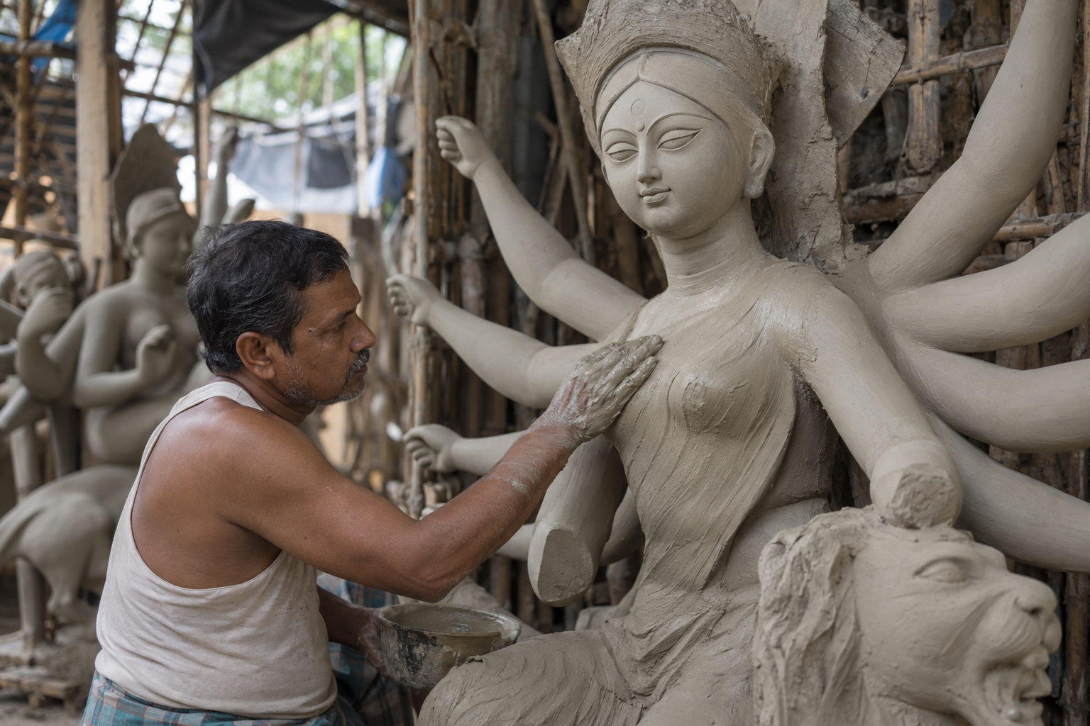 কারিগর দুর্গাপ্রতিমার শরীরে মাটির স্তর দিচ্ছেন