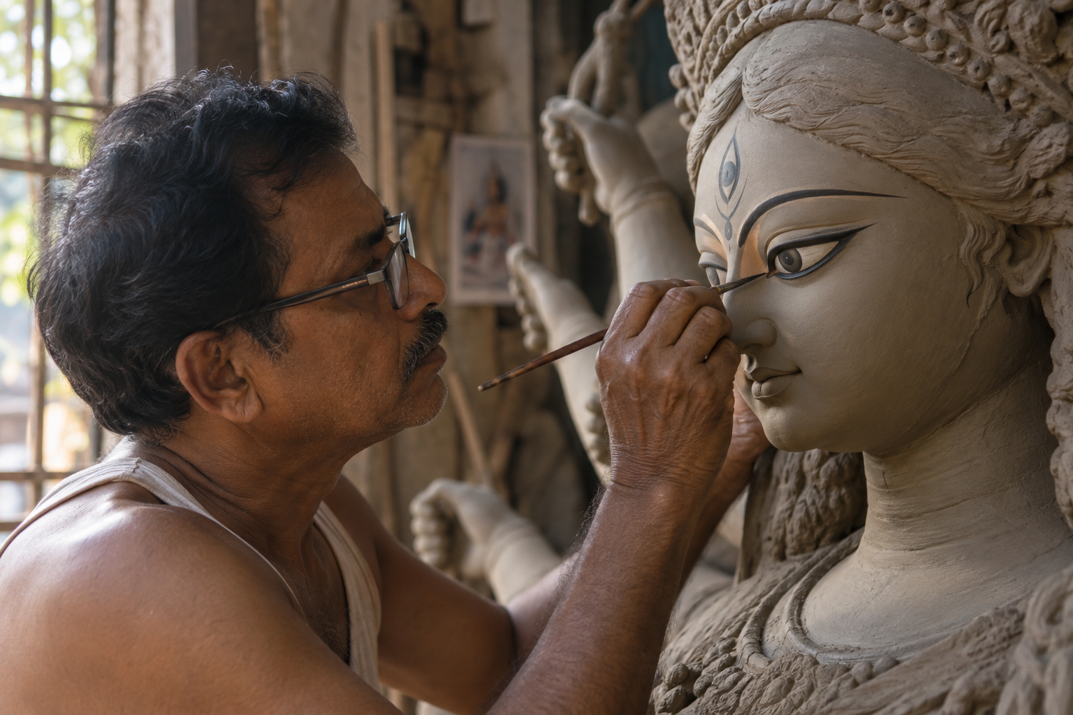 কারিগর দুর্গাপ্রতিমার চোখ আঁকছেন