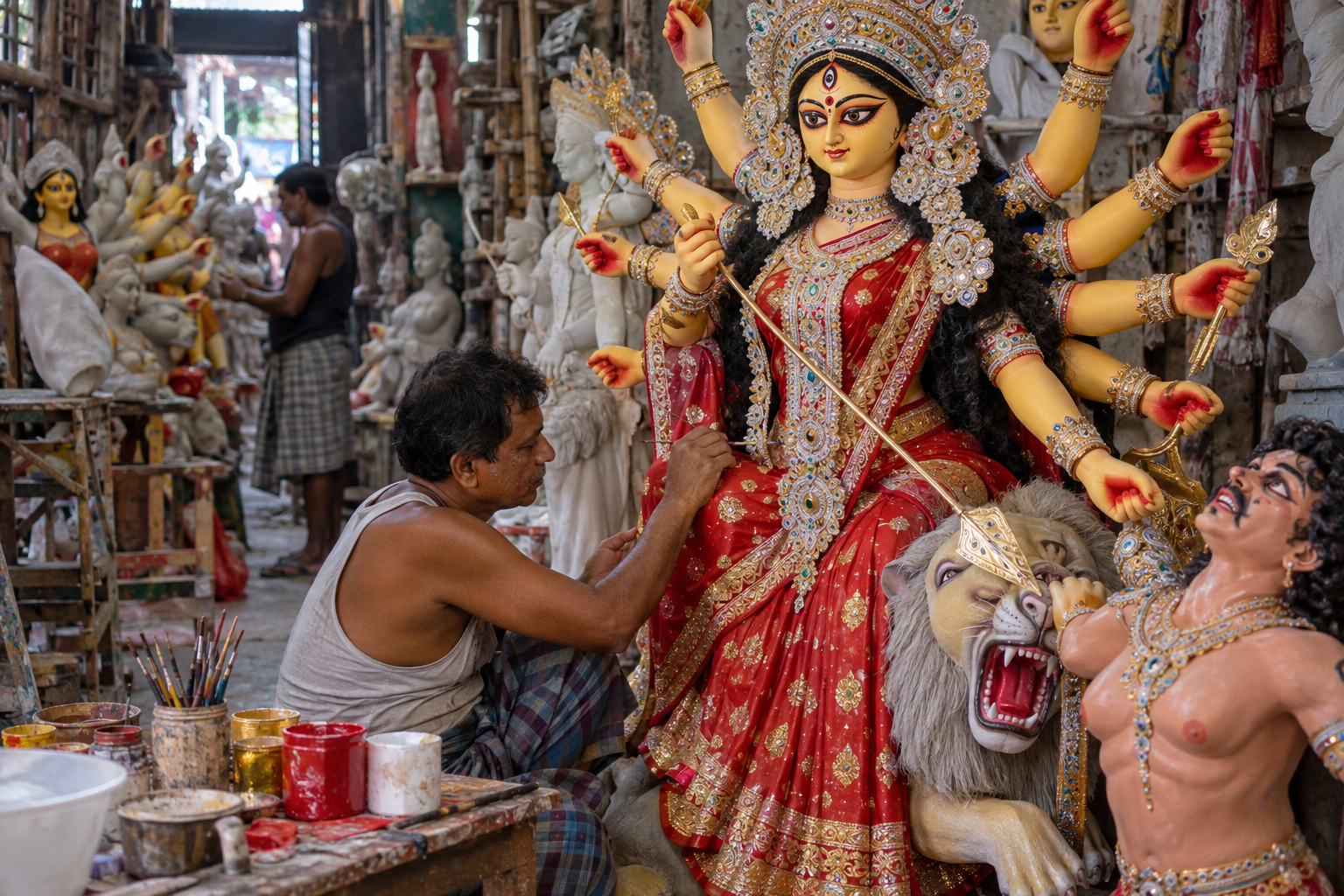 কুমোরটুলিতে রঙ করা সম্পূর্ণ দুর্গাপ্রতিমা