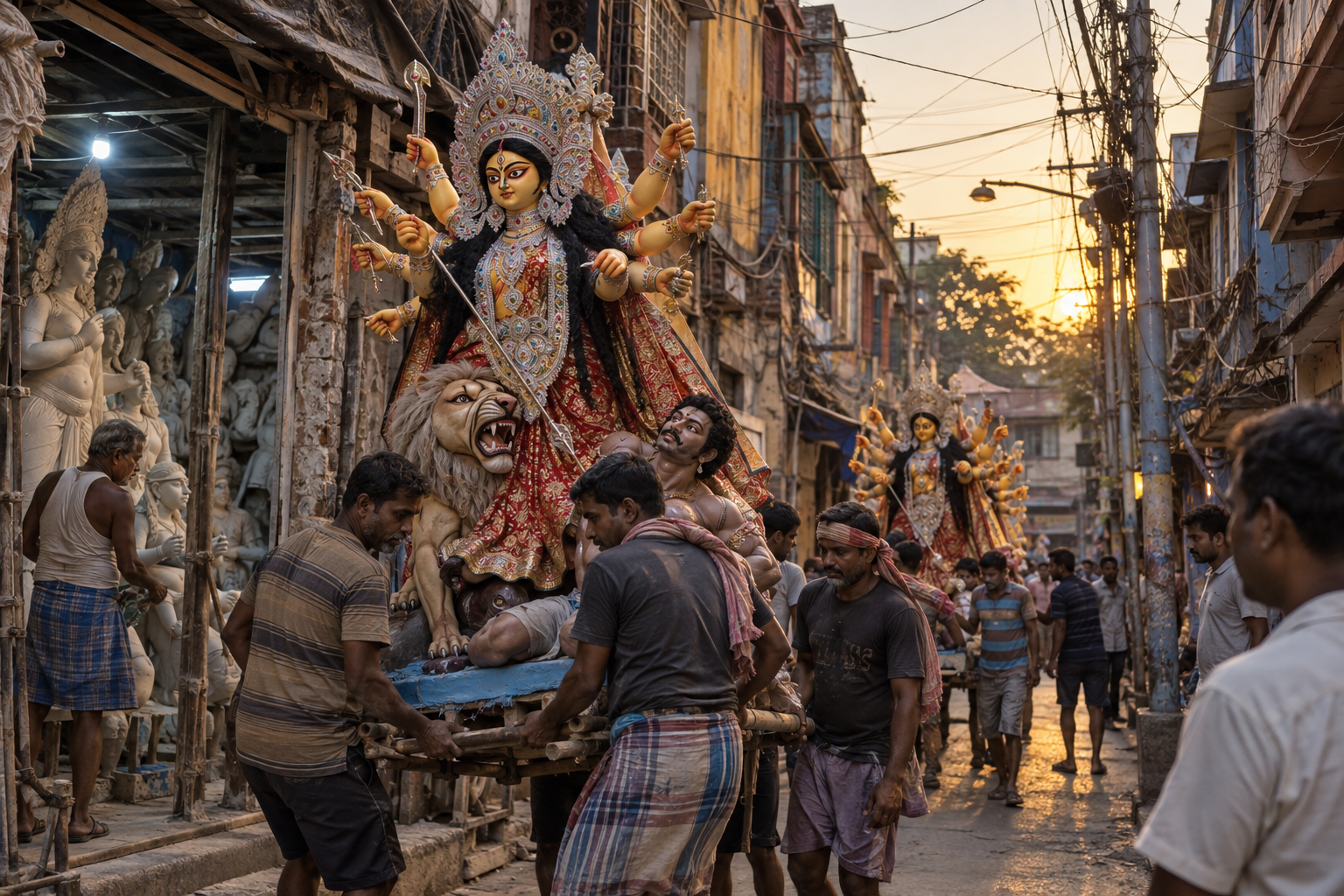 কুমোরটুলির সরু গলি দিয়ে প্রতিমা নিয়ে যাওয়া হচ্ছে
