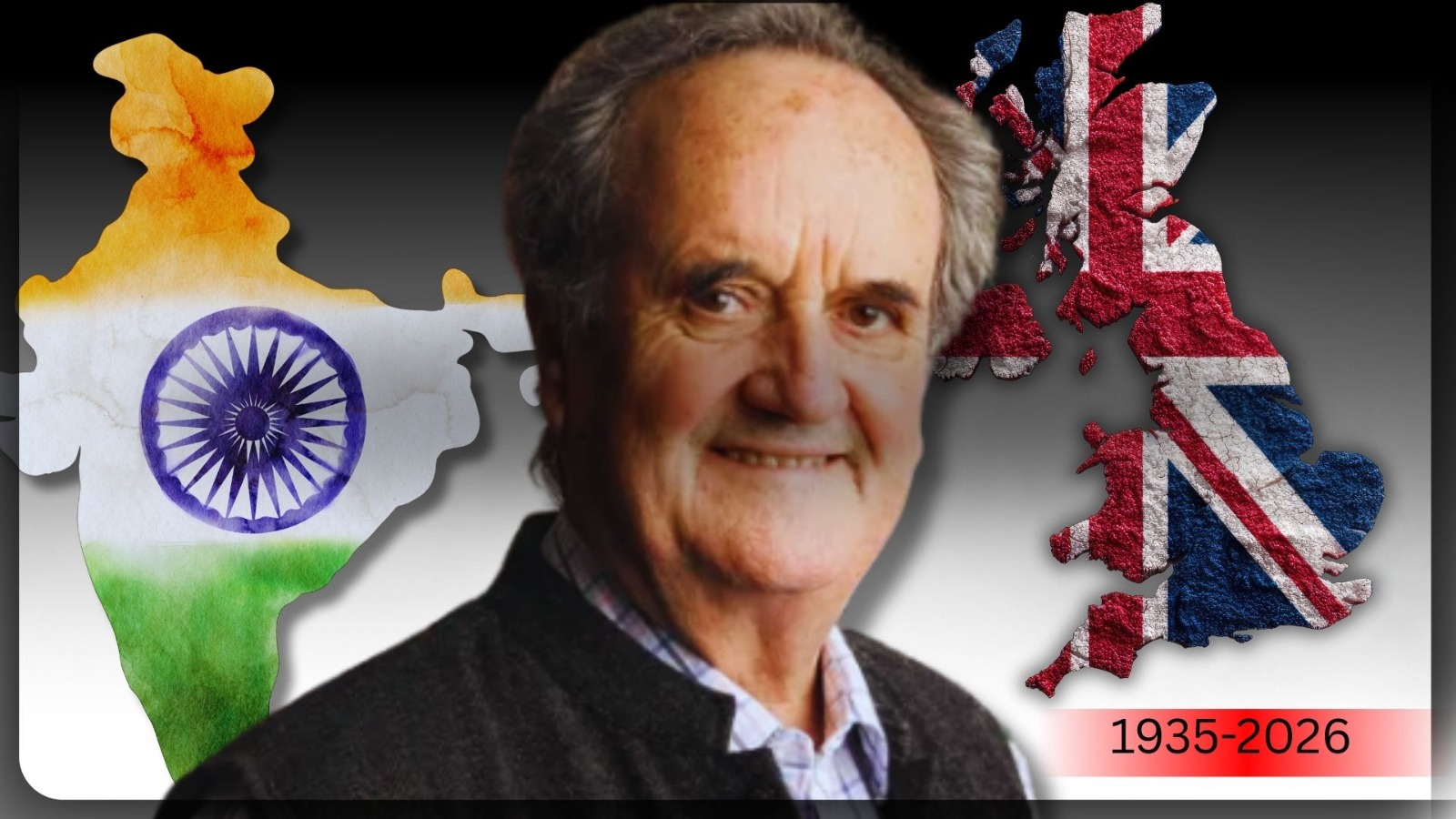 এক প্রবীণ ব্যক্তির প্রতিকৃতির দুই পাশে ভারত ও যুক্তরাজ্যের পতাকার রঙে মানচিত্রের কোলাজ।