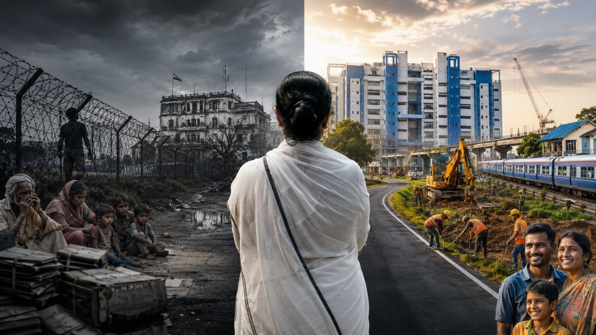 পেছন ফিরে দাঁড়ানো সাদা শাড়ির এক নারী; দুই পাশে কাঁটাতারঘেরা দুর্দশা ও নির্মাণকাজের বিপরীত প্রতীকী দৃশ্য।