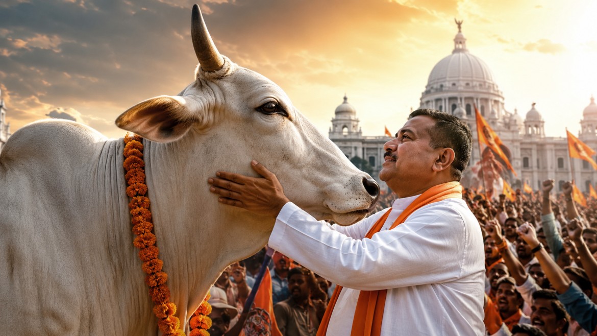 মালা পরানো সাদা গরুর পাশে এক ব্যক্তি; পেছনে গেরুয়া পতাকা ও জনতার প্রতীকী অলংকরণ।
