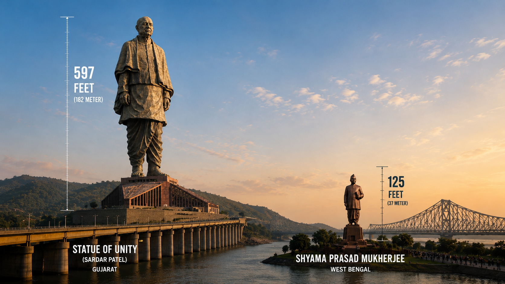 সর্দার প্যাটেল ও শ্যামাপ্রসাদ মুখোপাধ্যায়ের নামে চিহ্নিত দুটি মূর্তির পাশে যথাক্রমে ৫৯৭ ও ১২৫ ফুট লেখা তুলনামূলক গ্রাফিক।